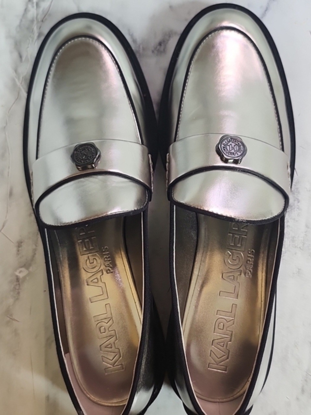 Karl Lagerfeld Silver Metallic Penny Loafers
